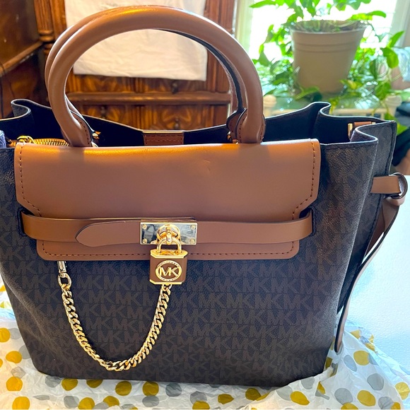 Michael Kors Collection Handbags - Michael Kors Hamilton Legacy Satchel/Crossbody bag.  Large, Brown & tan like new